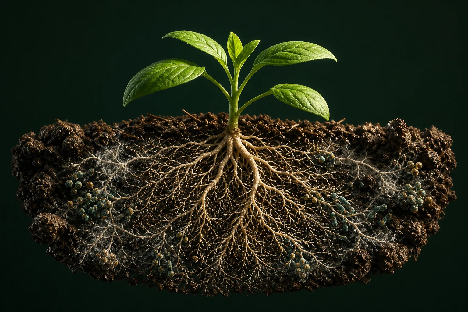 Conceptual 3D illustration of a young plant, branching roots, fine fungal threads, and magnified bacteria within a soil cutaway